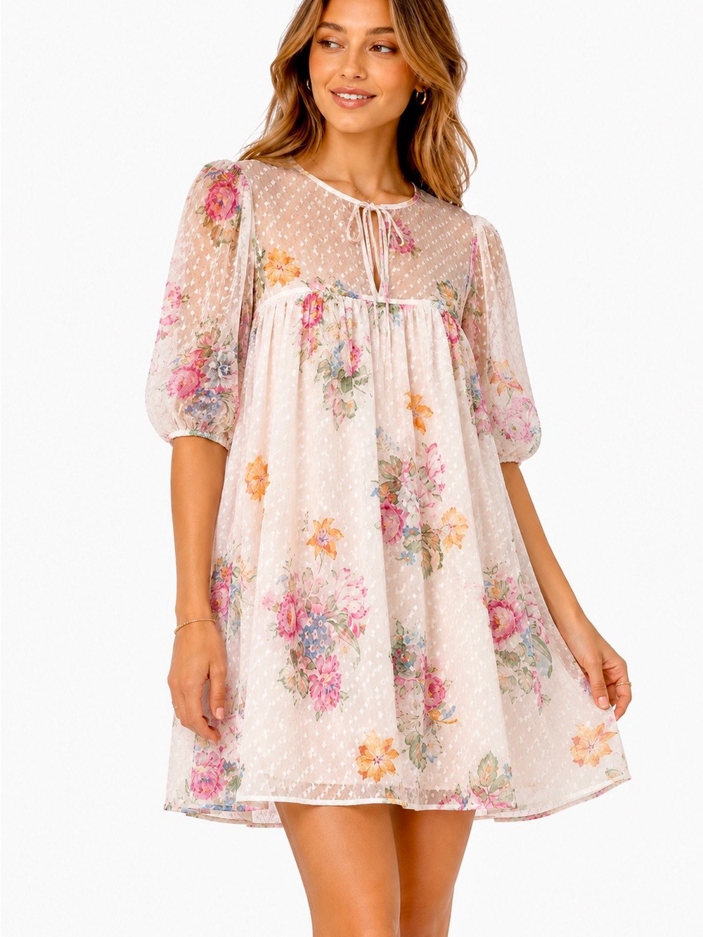 Beulah Style Floral Swiss Dot Boho Mini Dress Pink Sheer Long Sleeve Size L
